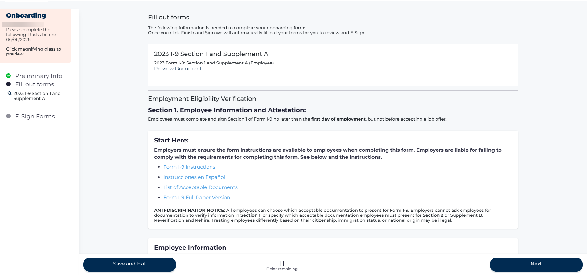 The old Fill Out Forms page showing the I-9 Employment Eligibility Verification form with a center-aligned layout, dense text, and navigation buttons at the bottom.